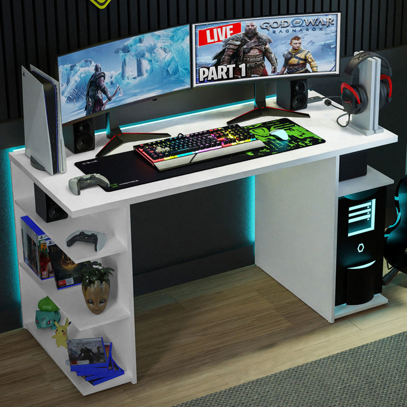 Wade Logan Latitude Run Computer Gaming Desk Office Writing Workstation With Large Monitor Stand Black Colour Black Desks